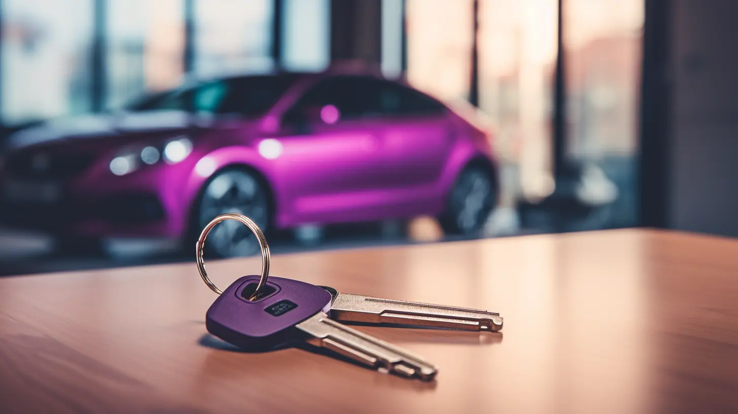ključevi na stolu u garaži, ljubičasti auto u pozadini