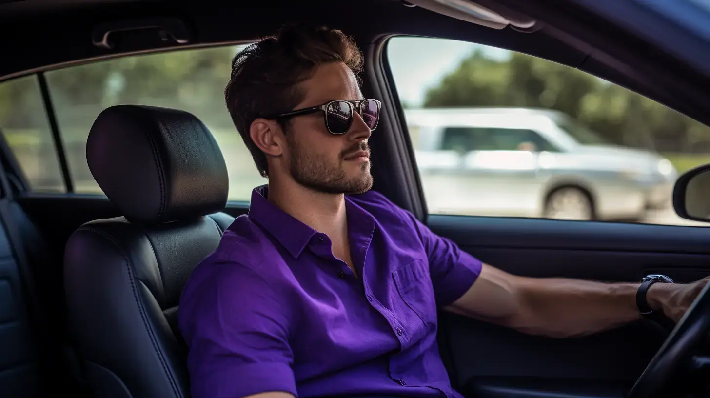 Muškarac s ljubičastom košuljom vozi automobil