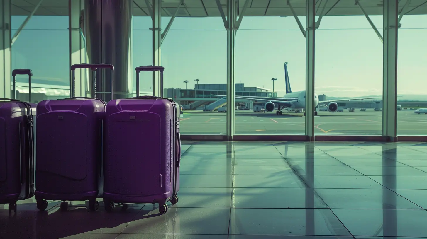 Dva kofera na aerodromu, u pozadini je avion